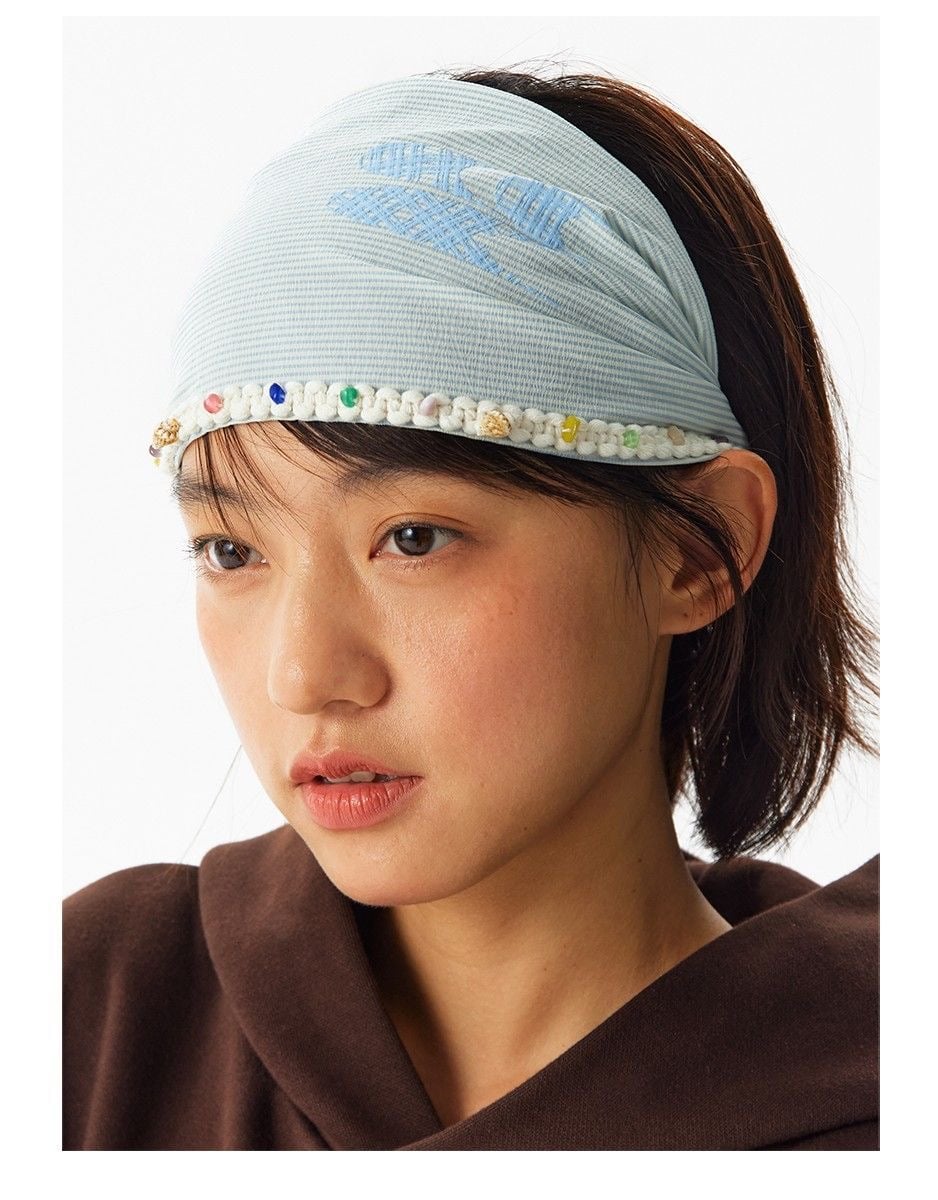 CryingCenter - Shell Beaded Lace Striped Headband Scarf